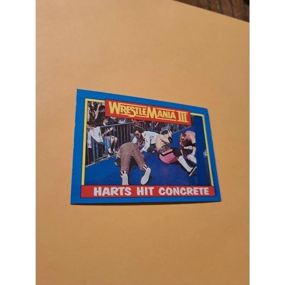 Vintage 1987 WWF WrestleMania III Trading Card #57 The Harts Hit Concrete Titan
